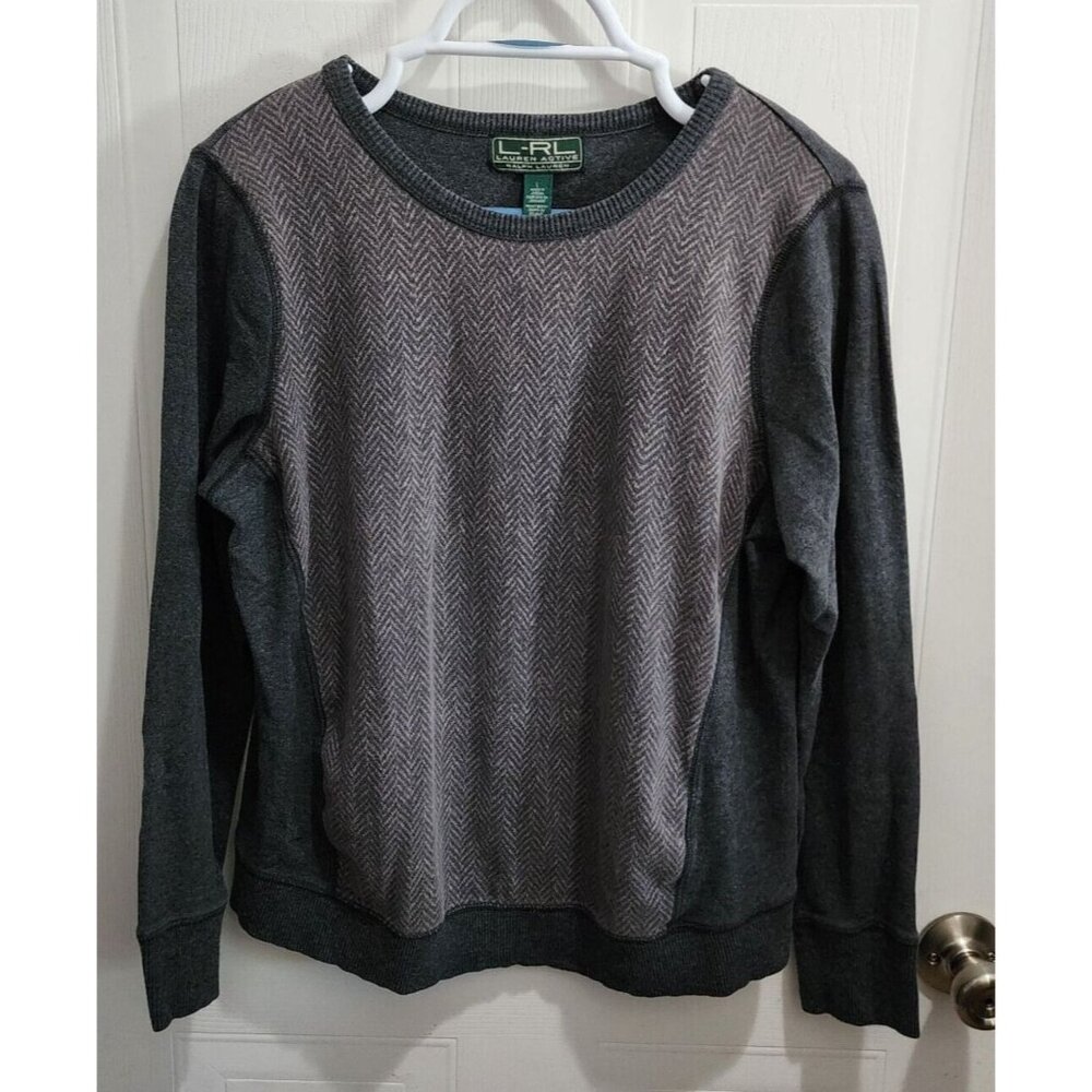 L-RL Ralph Lauren Active Women's Long Sleeve Sweater Top Gray Herringbone Size L